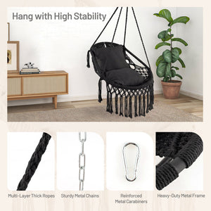 Hanging Hammock Chair with Soft Seat Cushions and Sturdy Rope Chain-Black view 6