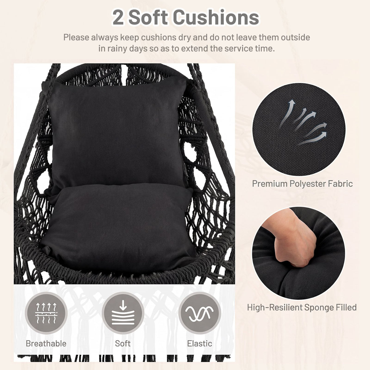 Hanging Hammock Chair with Soft Seat Cushions and Sturdy Rope Chain-Black view 7