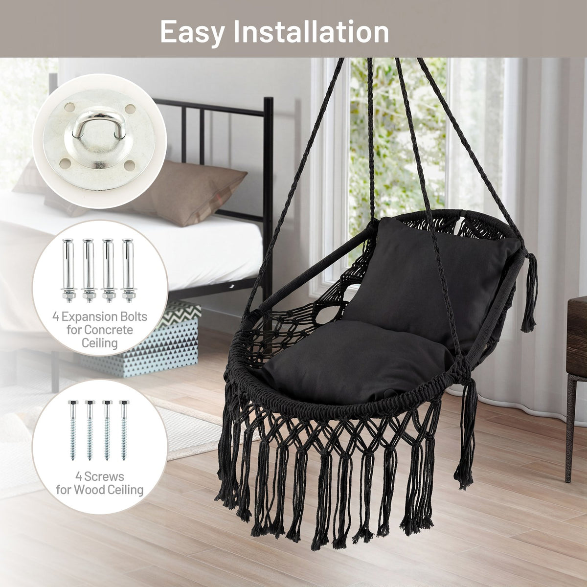 Hanging Hammock Chair with Soft Seat Cushions and Sturdy Rope Chain-Black view 8