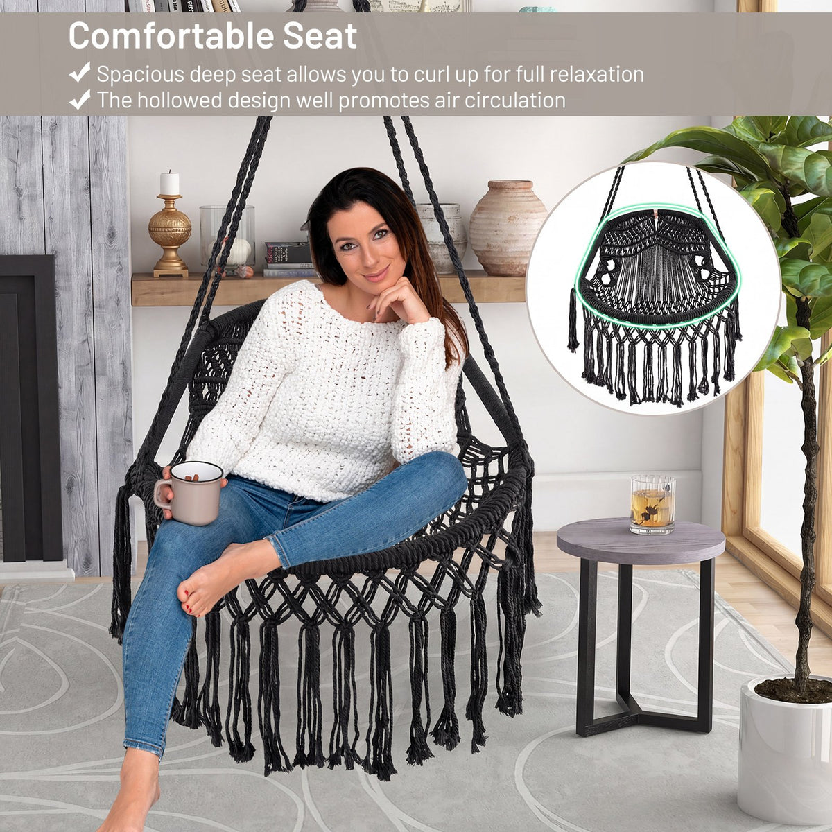 Hanging Hammock Chair with Soft Seat Cushions and Sturdy Rope Chain-Black view 9