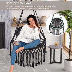 Hanging Hammock Chair with Soft Seat Cushions and Sturdy Rope Chain-Black view 9