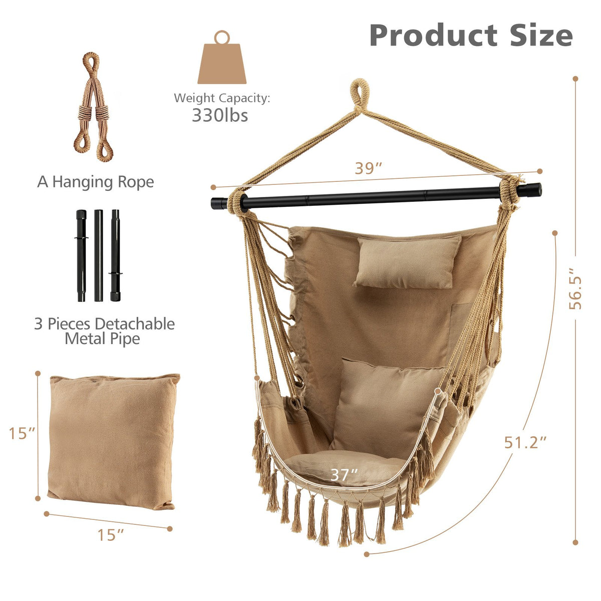 Hanging Rope Swing Chair with Soft Pillow and Cushions-Beige view 4