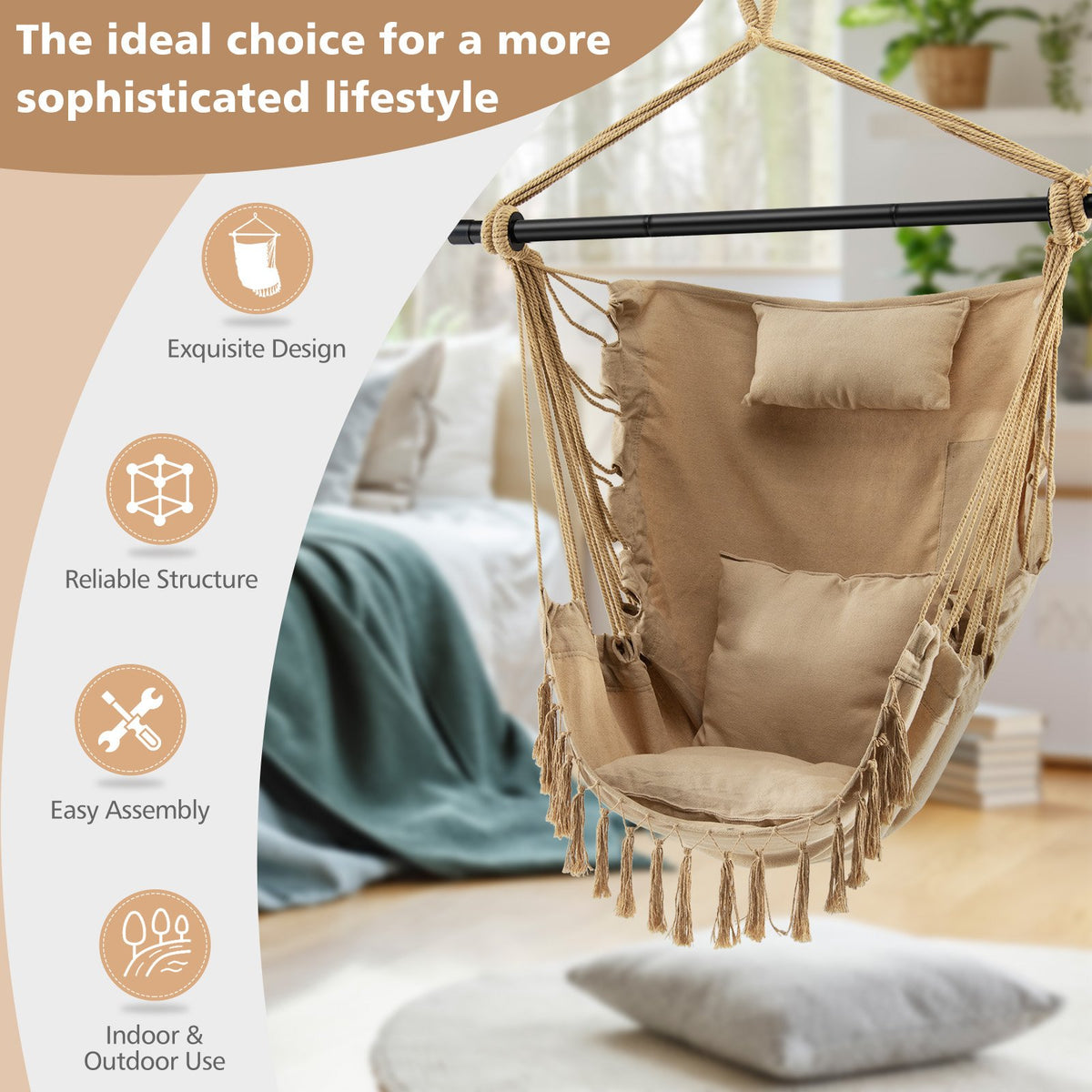 Hanging Rope Swing Chair with Soft Pillow and Cushions-Beige view 8