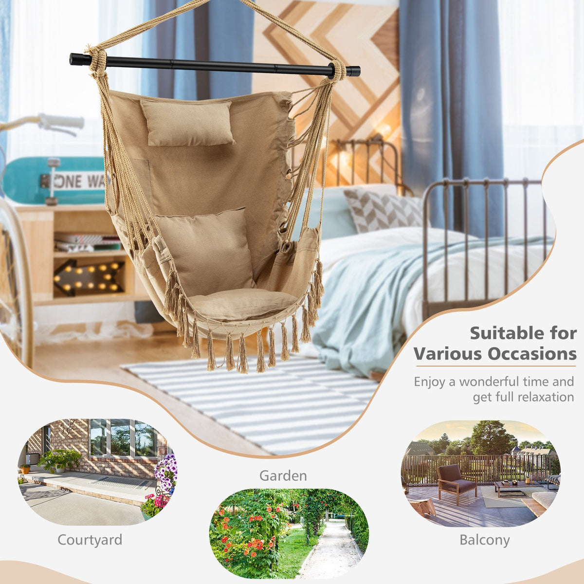 Hanging Rope Swing Chair with Soft Pillow and Cushions-Beige view 9