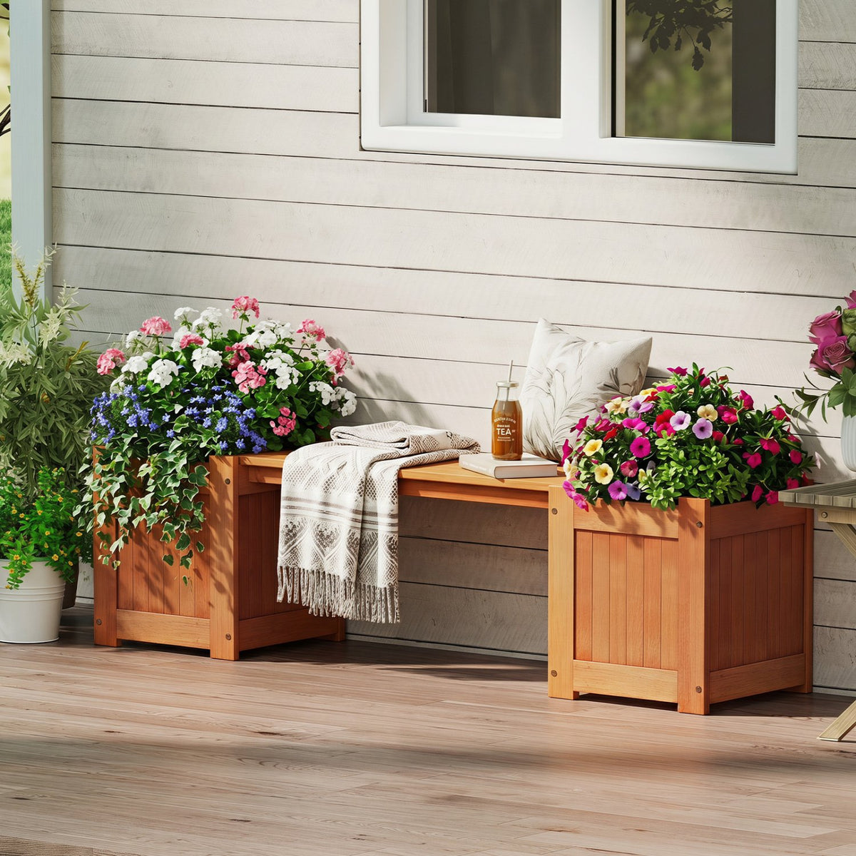 Hardwood Planter Box with Bench Garden Bench with 2 Side Flower Boxes view 2