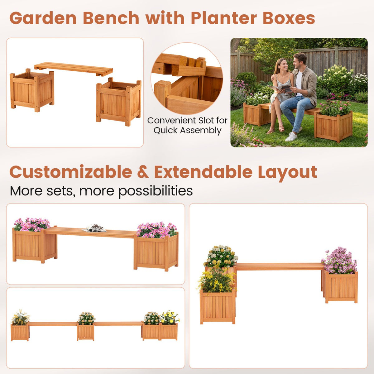 Hardwood Planter Box with Bench Garden Bench with 2 Side Flower Boxes view 9