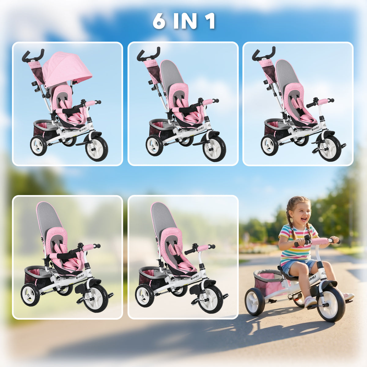 Qaba 6 in 1 Tricycle for Toddler 1-5 Years with Parent-Push Handle, Dark