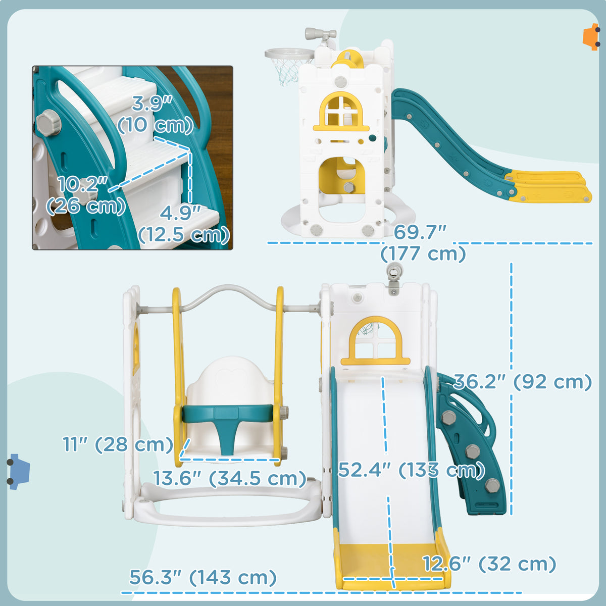 Qaba 6-in-1 Slide and Swing Set Baby Swing Playset Indoor with Basketball Hoop, Climber, Storage Space, Telescope