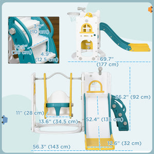 Qaba 6-in-1 Slide and Swing Set Baby Swing Playset Indoor with Basketball Hoop, Climber, Storage Space, Telescope