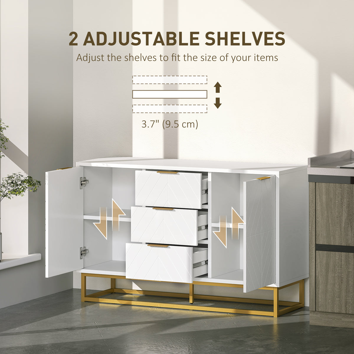 47" Storage Cabinet with Doors, Adjustable Shelves, 3 Drawers, Metal Legs for Kitchen Storage, Home Use – view 5