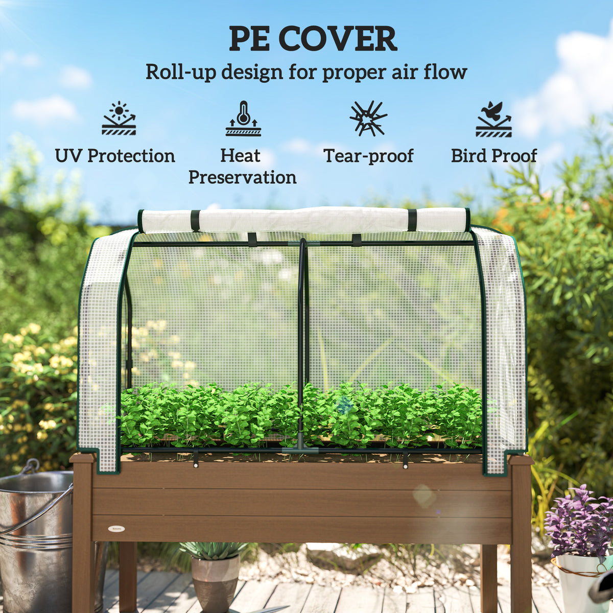 Raised Garden Bed with PE Greenhouse Cover Outdoor Elevated Wood Planter Box for Herbs and Vegetables Brown