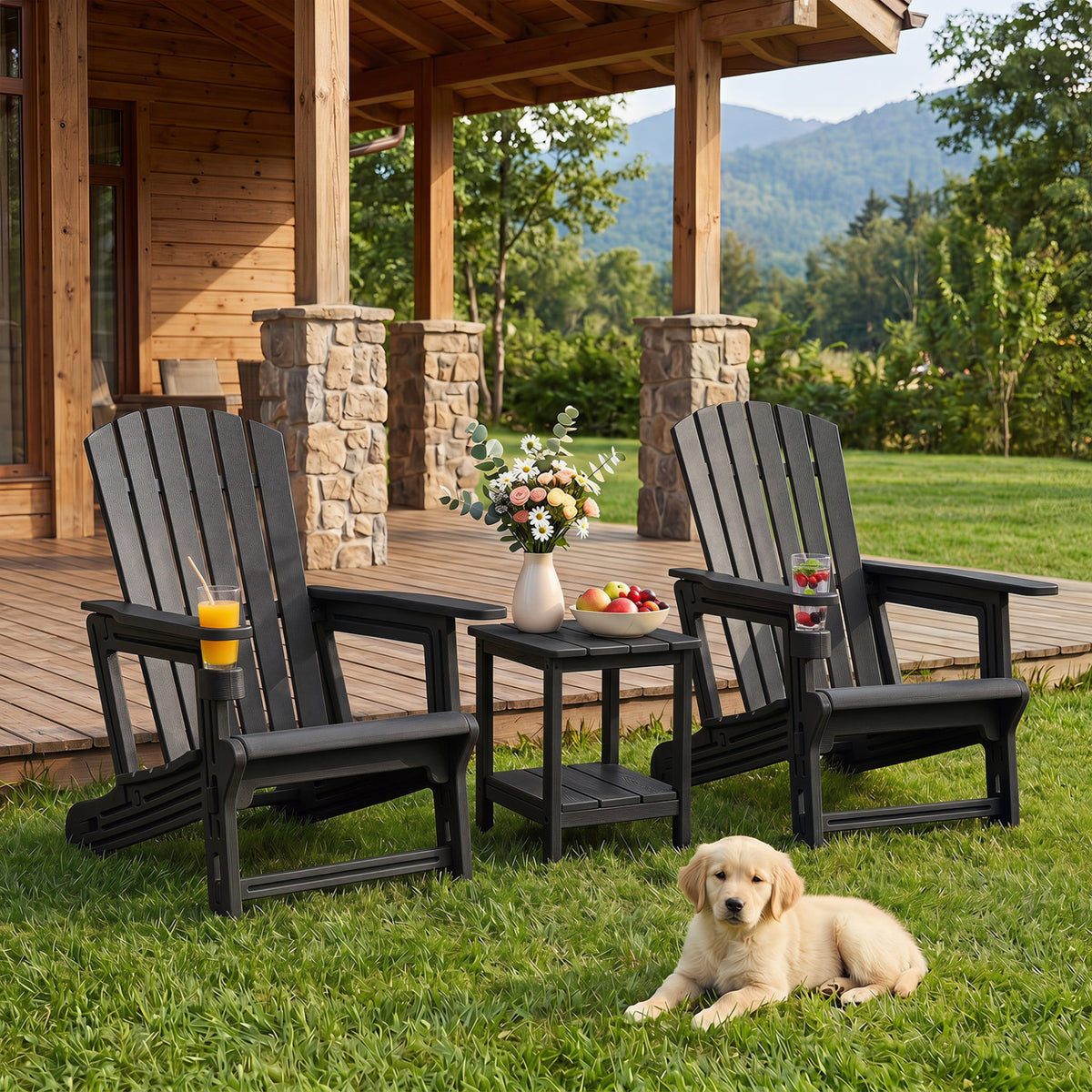 HDPE Adirondack Chair with Cup Holder and Wood-Like Texture High Back for Garden-Black view 2