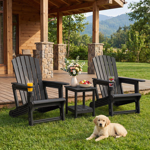 HDPE Adirondack Chair with Cup Holder and Wood-Like Texture High Back for Garden-Black view 2
