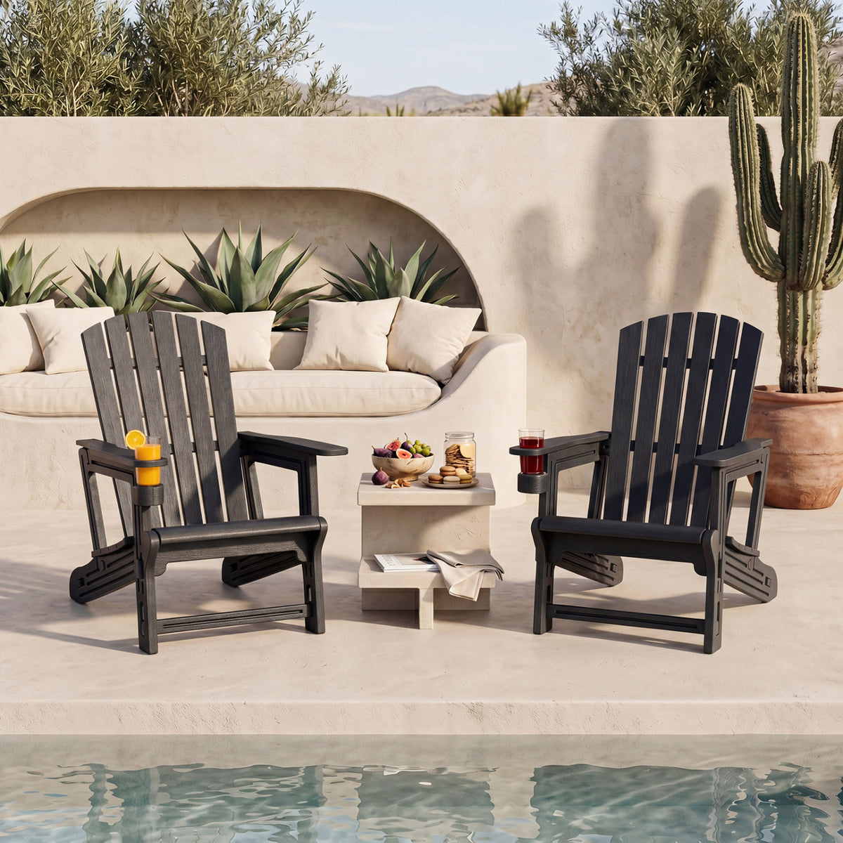 HDPE Adirondack Chair with Cup Holder and Wood-Like Texture High Back for Garden-Black view 3