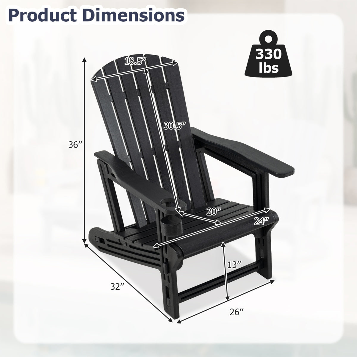HDPE Adirondack Chair with Cup Holder and Wood-Like Texture High Back for Garden-Black view 5