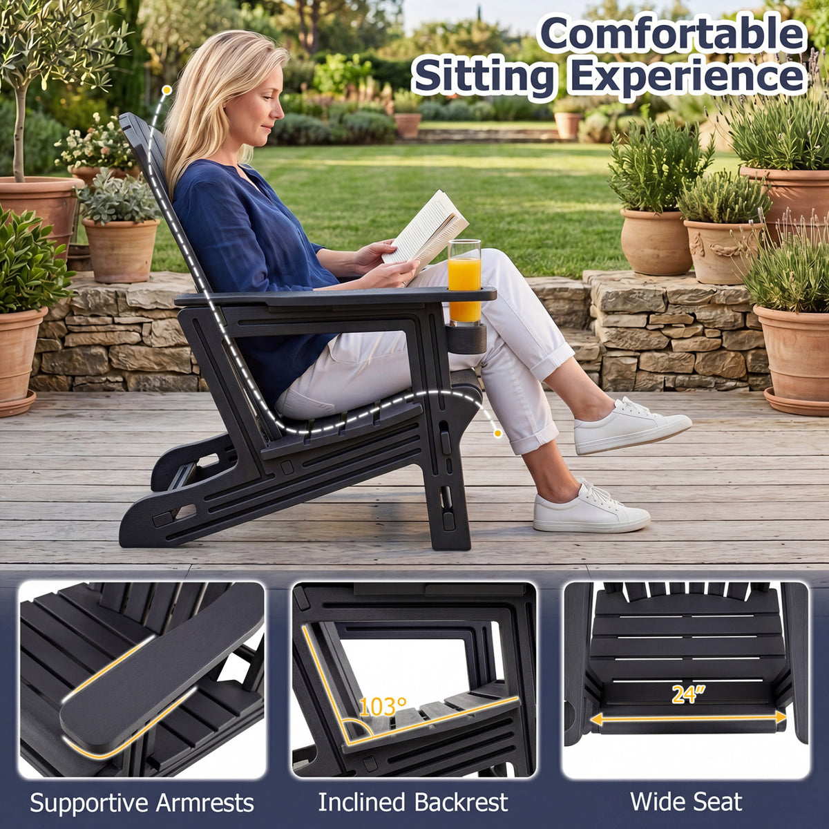 HDPE Adirondack Chair with Cup Holder and Wood-Like Texture High Back for Garden-Black view 7