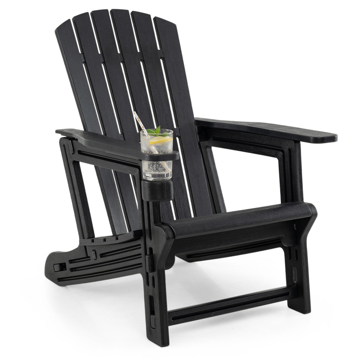 HDPE Adirondack Chair with Cup Holder and Wooden Texture for Patio-Black view 3