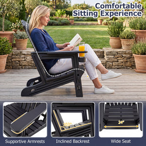 HDPE Adirondack Chair with Cup Holder and Wooden Texture for Patio-Black view 6