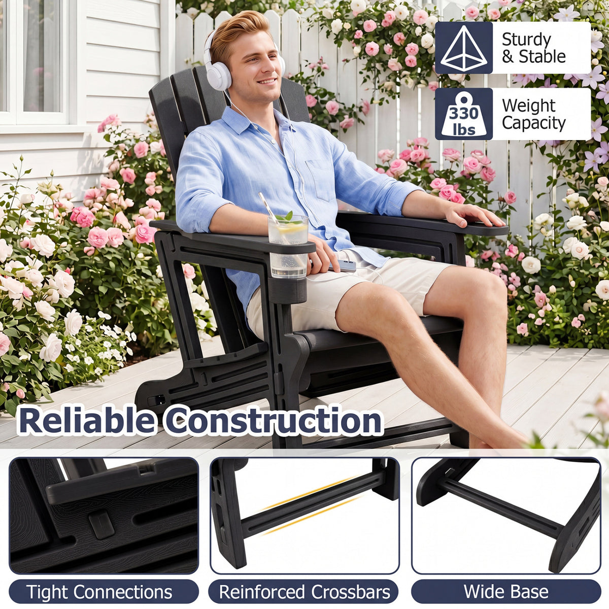 HDPE Adirondack Chair with Cup Holder and Wooden Texture for Patio-Black view 7