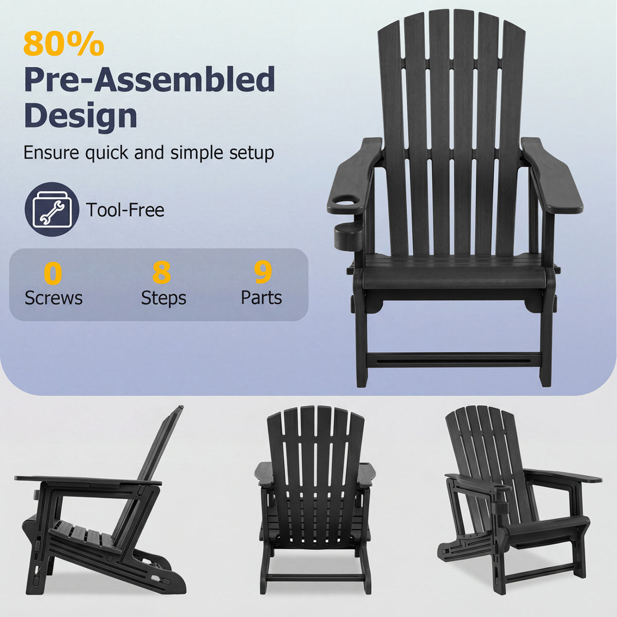 HDPE Adirondack Chair with Cup Holder and Wooden Texture for Patio-Black view 8