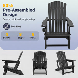 HDPE Adirondack Chair with Cup Holder and Wooden Texture for Patio-Black view 8