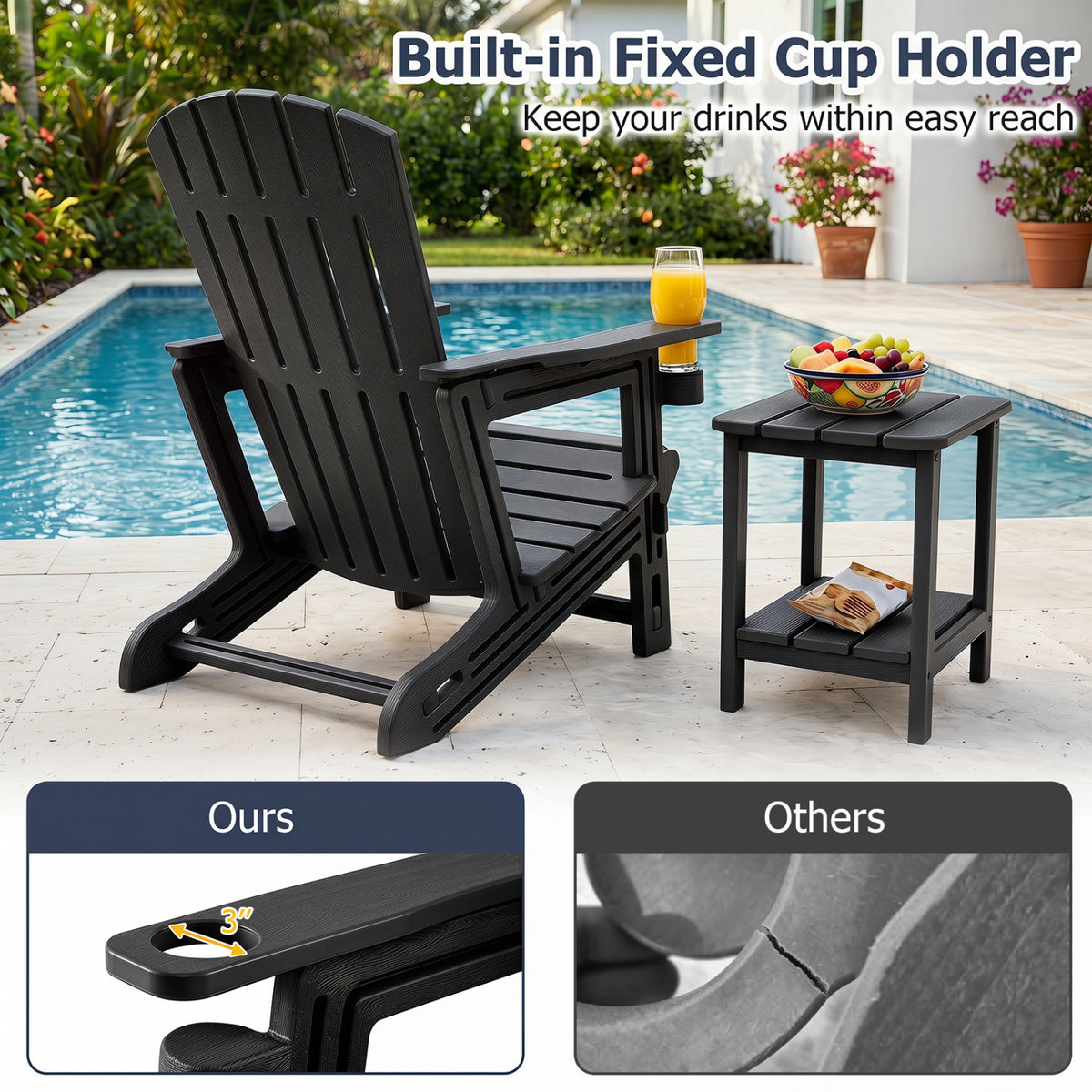 HDPE Adirondack Chair with Cup Holder and Wooden Texture for Patio-Black view 9