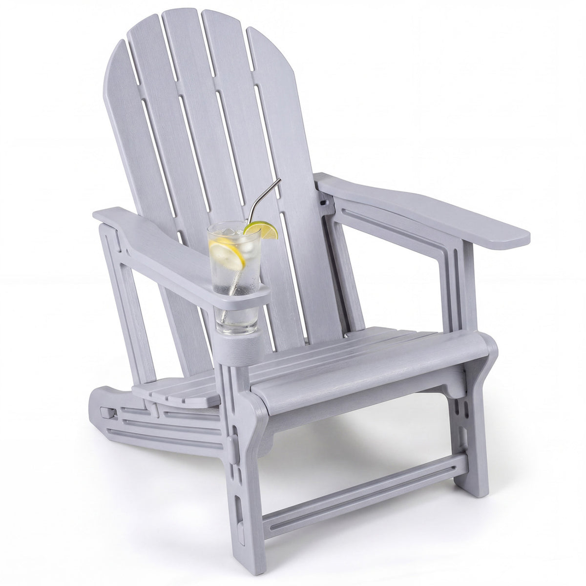 HDPE Adirondack Chair with Cup Holder and Wooden Texture for Patio-Gray view 3