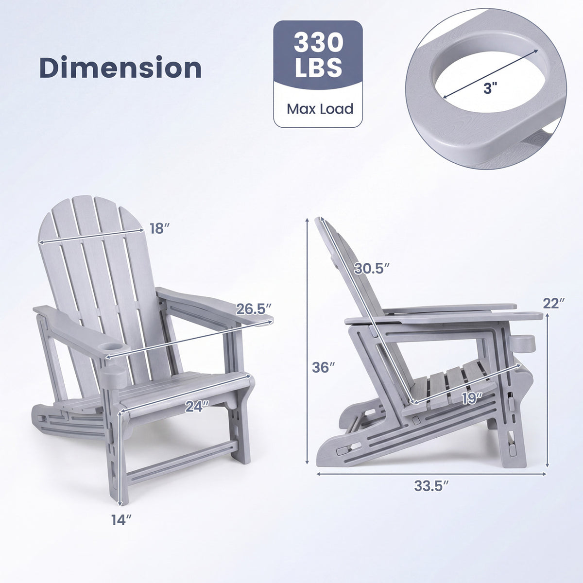 HDPE Adirondack Chair with Cup Holder and Wooden Texture for Patio-Gray view 4