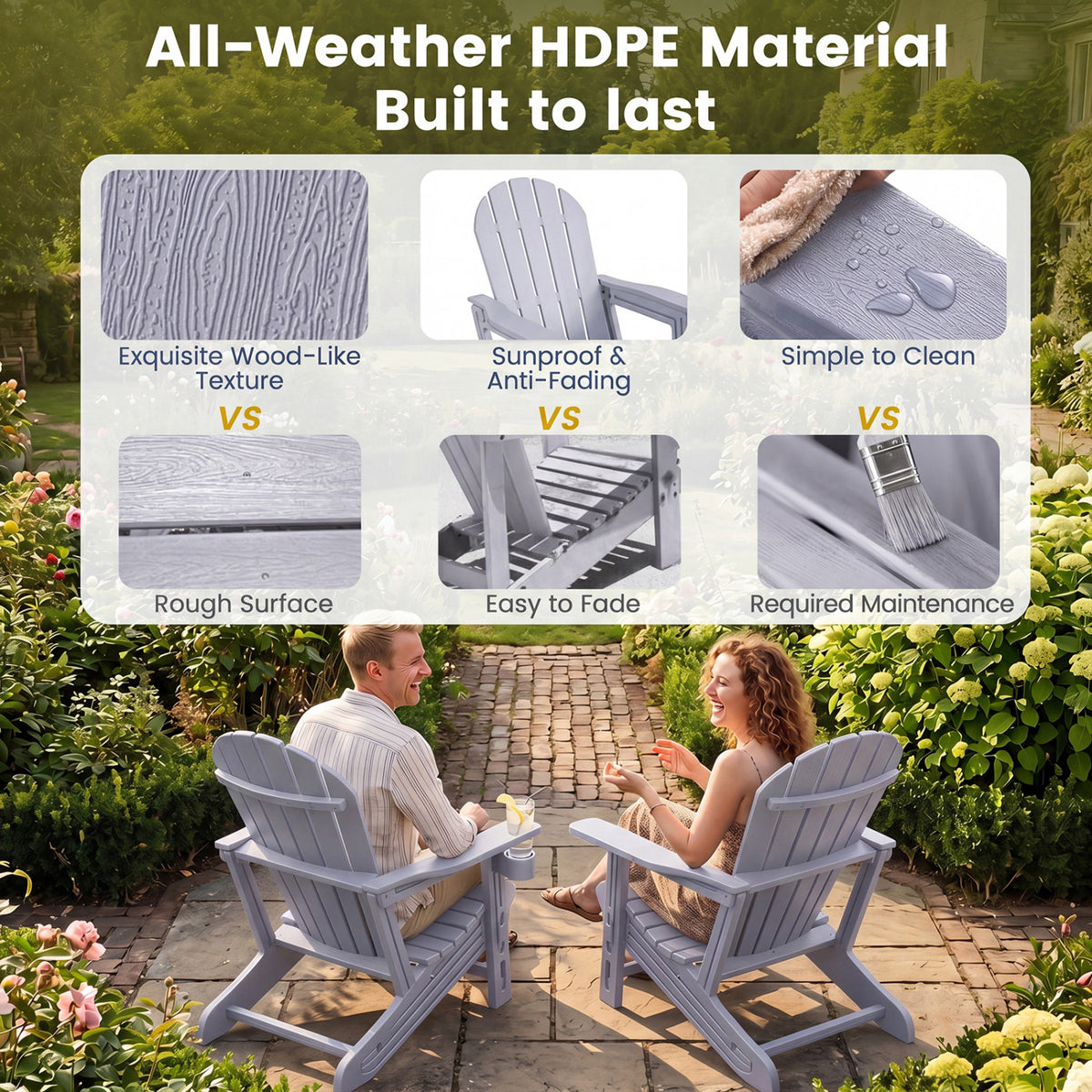 HDPE Adirondack Chair with Cup Holder and Wooden Texture for Patio-Gray view 5