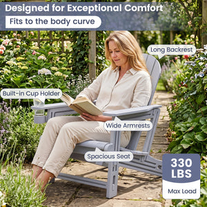 HDPE Adirondack Chair with Cup Holder and Wooden Texture for Patio-Gray view 6