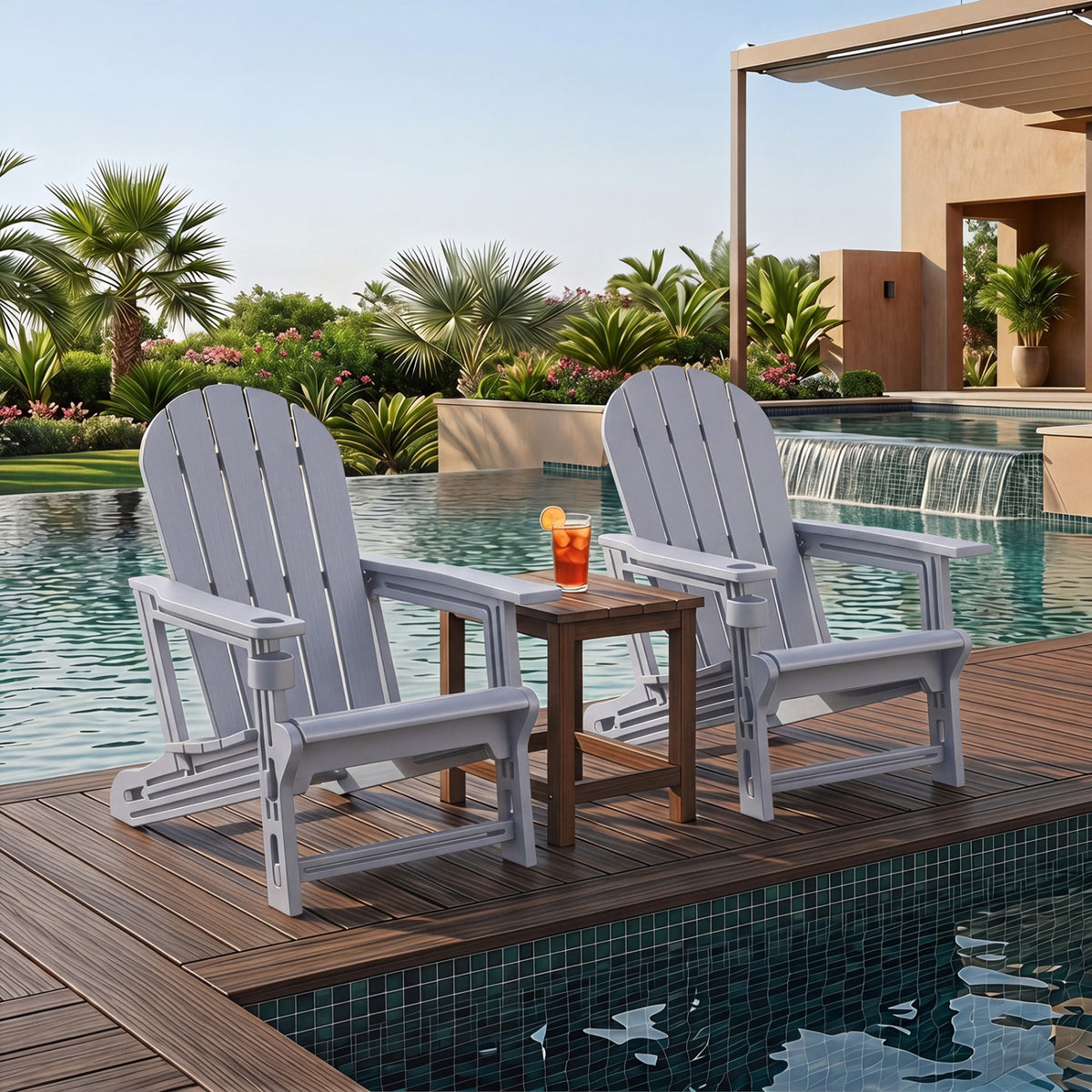 HDPE Adirondack Chair with Cup Holder and Wooden Texture for Patio-Gray view 9