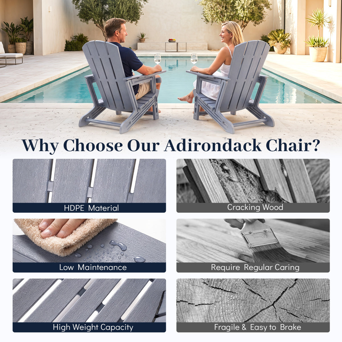 HDPE Adirondack Chairs with Realistic Wood Grain for Backyard Lawn-Gray view 7