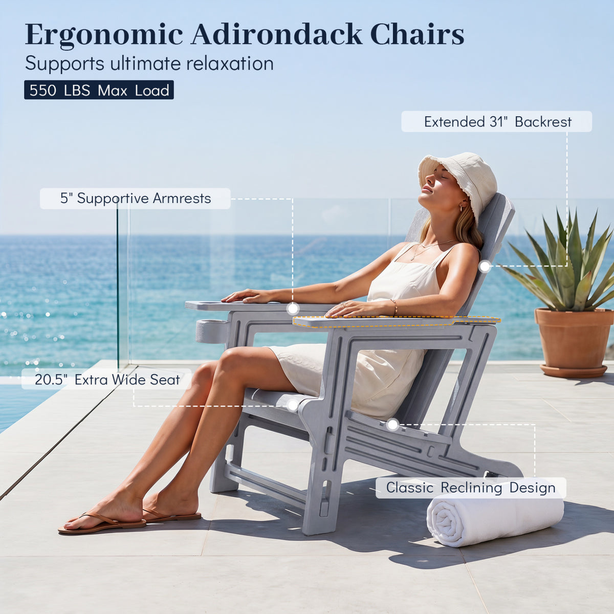 HDPE Adirondack Chairs with Realistic Wood Grain for Backyard Lawn-Gray view 8