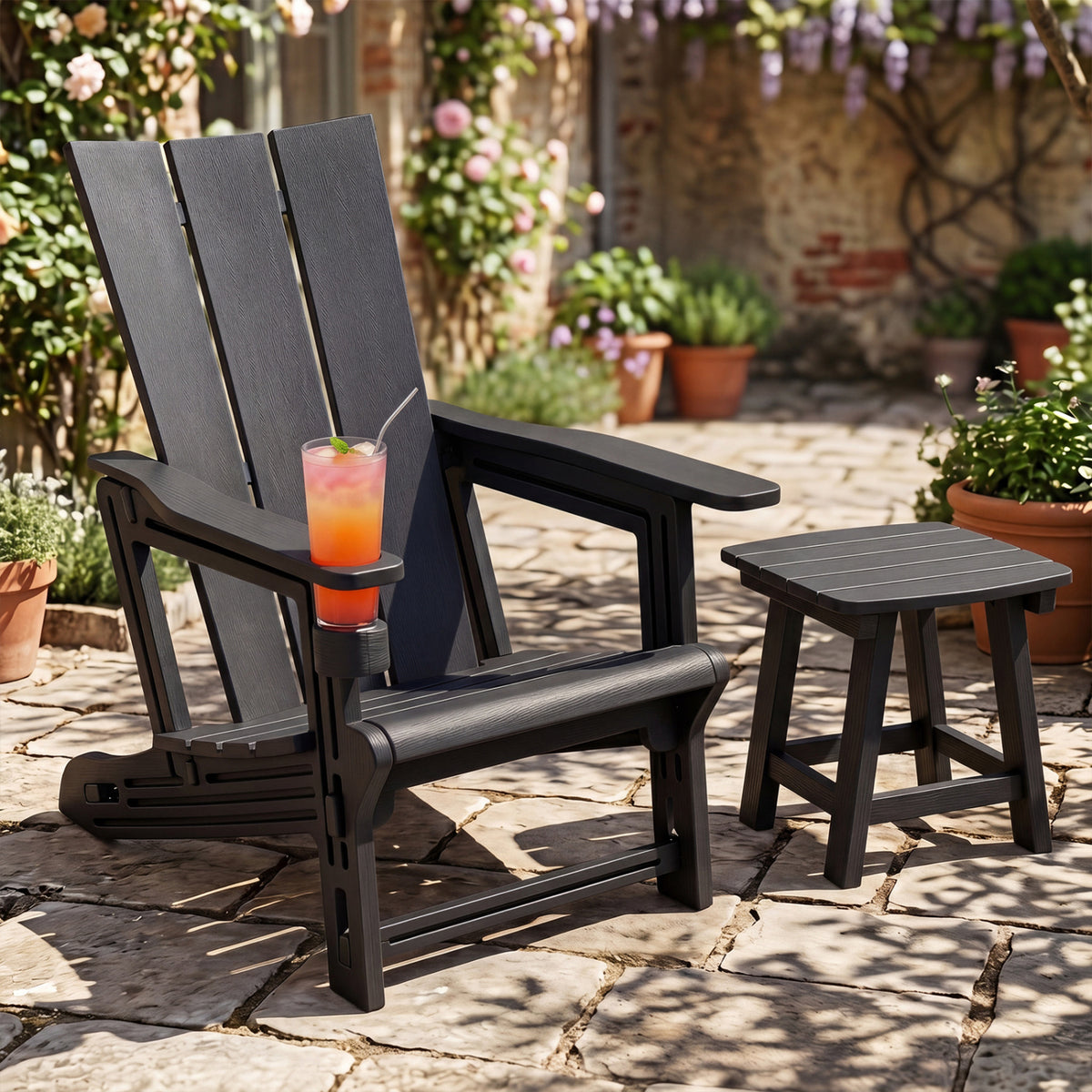 HDPE Outdoor Adirondack Chairs with Cup Holder-Black view 2