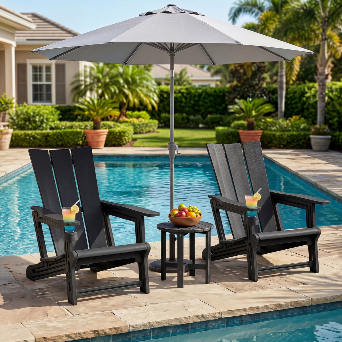 HDPE Outdoor Adirondack Chairs with Cup Holder-Black view 3