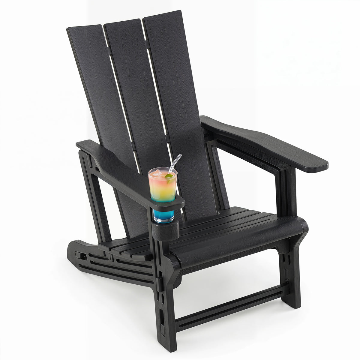 HDPE Outdoor Adirondack Chairs with Cup Holder-Black view 4