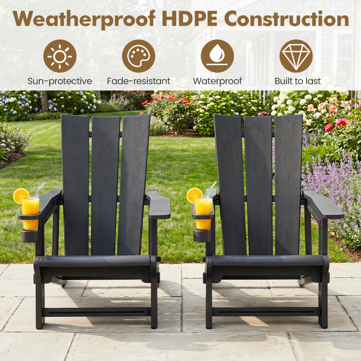 HDPE Outdoor Adirondack Chairs with Cup Holder-Black view 7