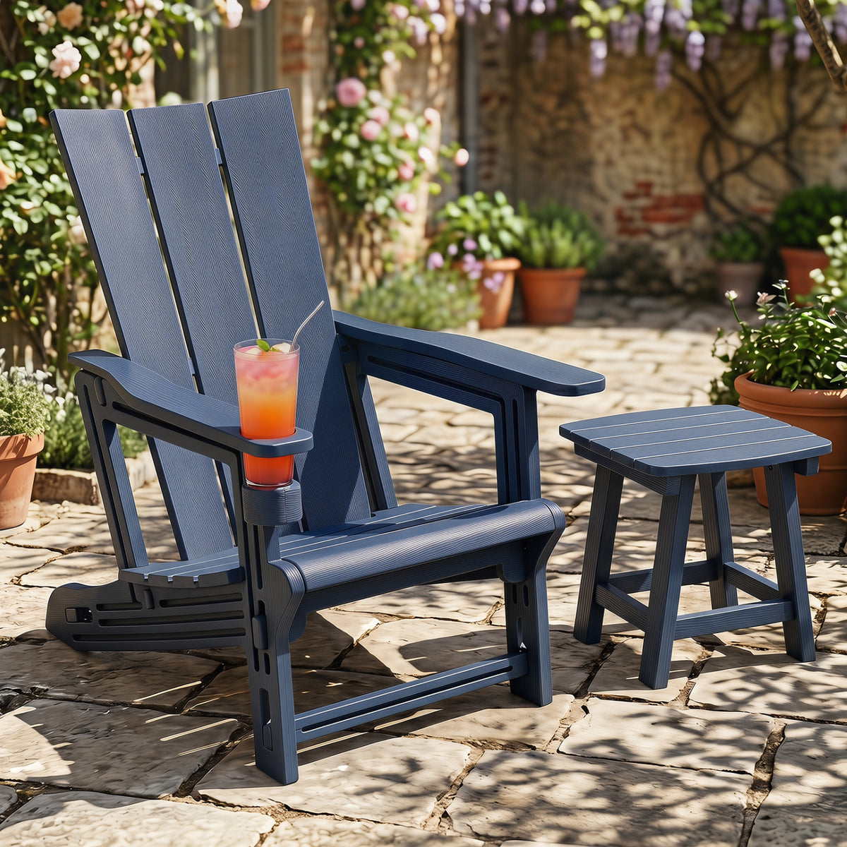 HDPE Outdoor Adirondack Chairs with Cup Holder-Blue view 2