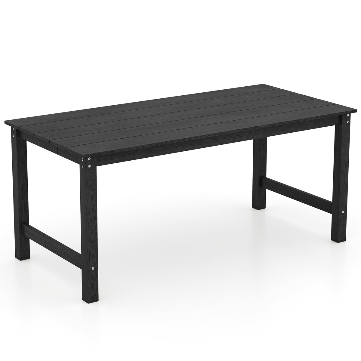 HDPE Outdoor Dining Table for 6 Person with Wood-Like Tabletop and Umbrella Hole-Black