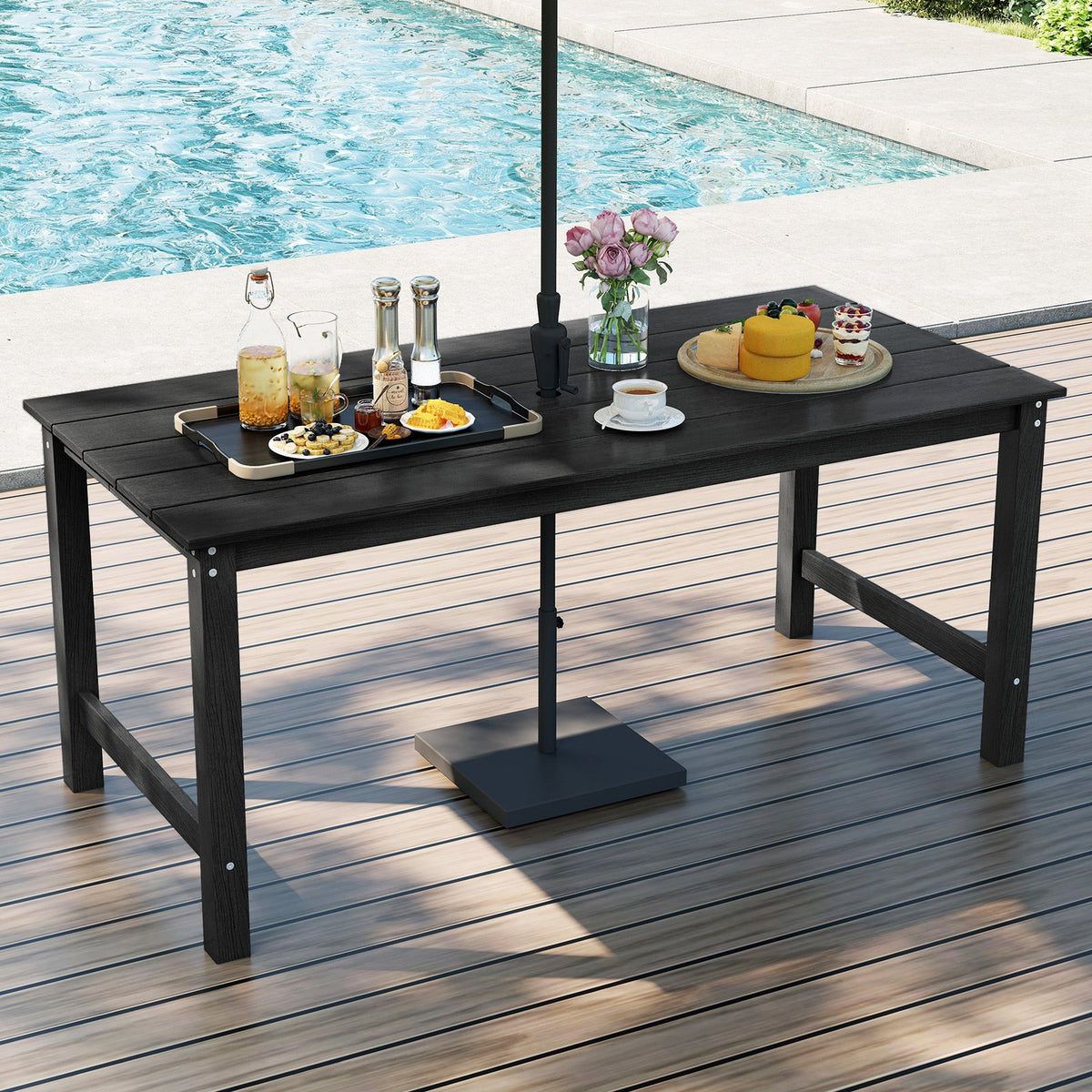 HDPE Outdoor Dining Table for 6 Person with Wood-Like Tabletop and Umbrella Hole-Black view 2