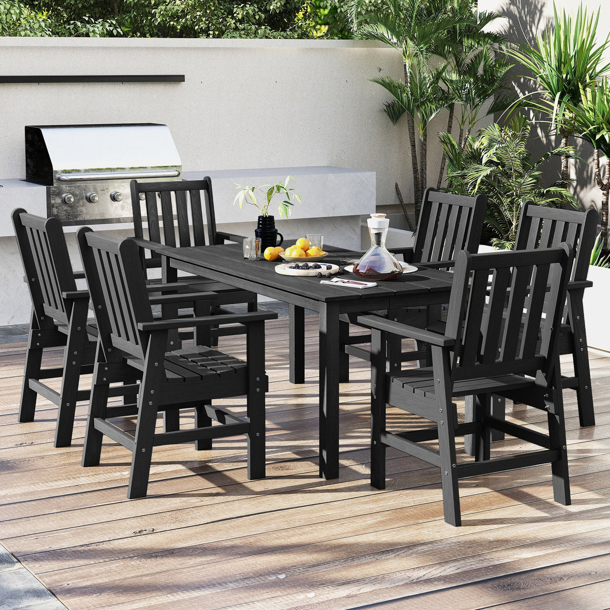 HDPE Outdoor Dining Table for 6 Person with Wood-Like Tabletop and Umbrella Hole-Black view 6