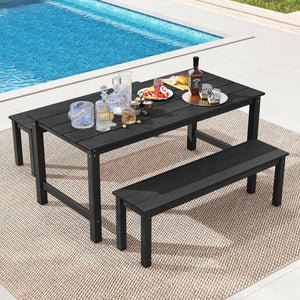 HDPE Outdoor Dining Table for 6 Person with Wood-Like Tabletop and Umbrella Hole-Black view 7