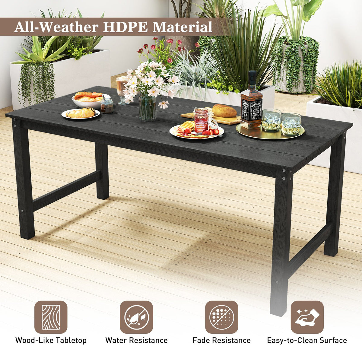 HDPE Outdoor Dining Table for 6 Person with Wood-Like Tabletop and Umbrella Hole-Black view 8