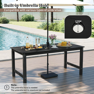HDPE Outdoor Dining Table for 6 Person with Wood-Like Tabletop and Umbrella Hole-Black view 9