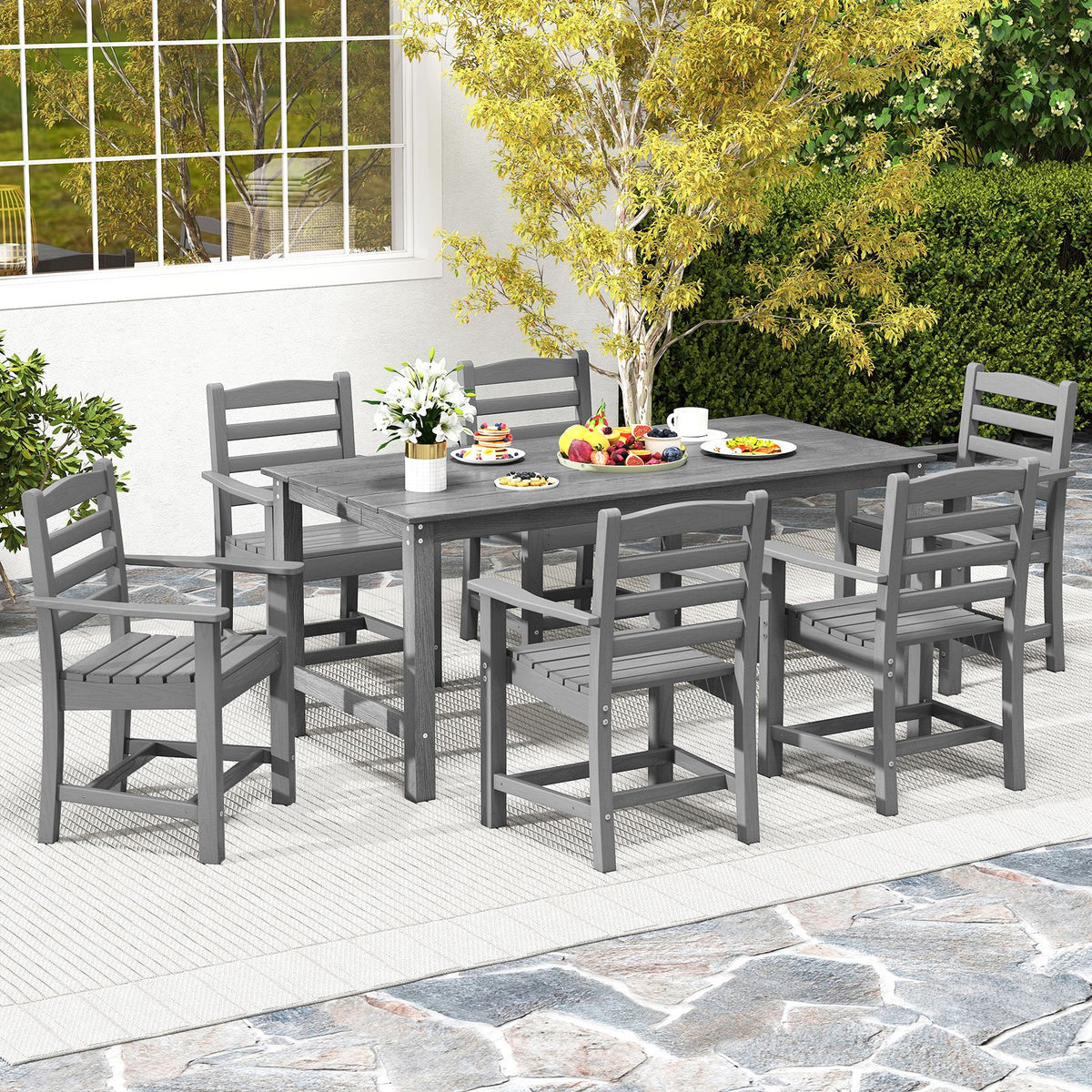 HDPE Outdoor Dining Table for 6 Person with Wood-Like Tabletop and Umbrella Hole-Gray view 3