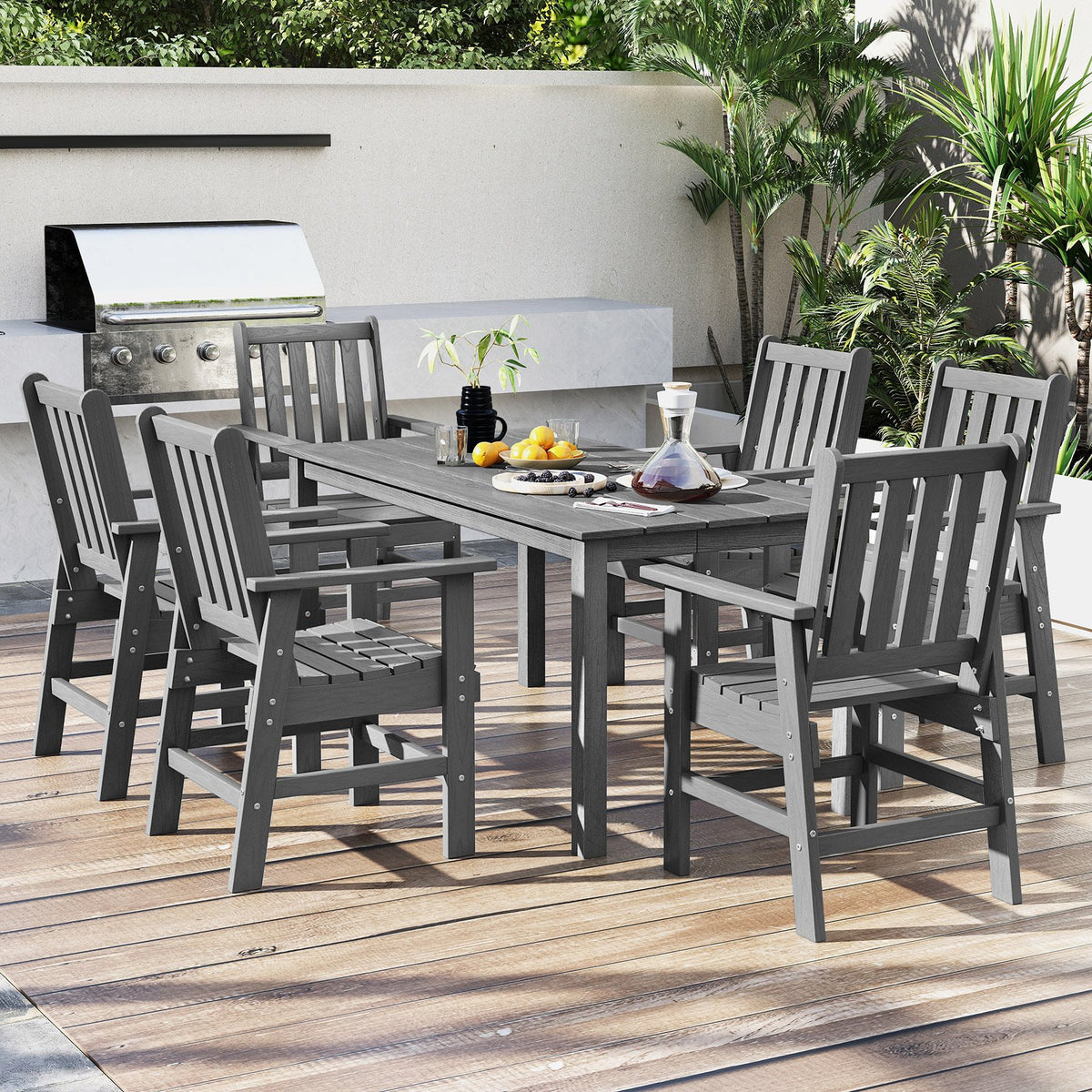 HDPE Outdoor Dining Table for 6 Person with Wood-Like Tabletop and Umbrella Hole-Gray view 6