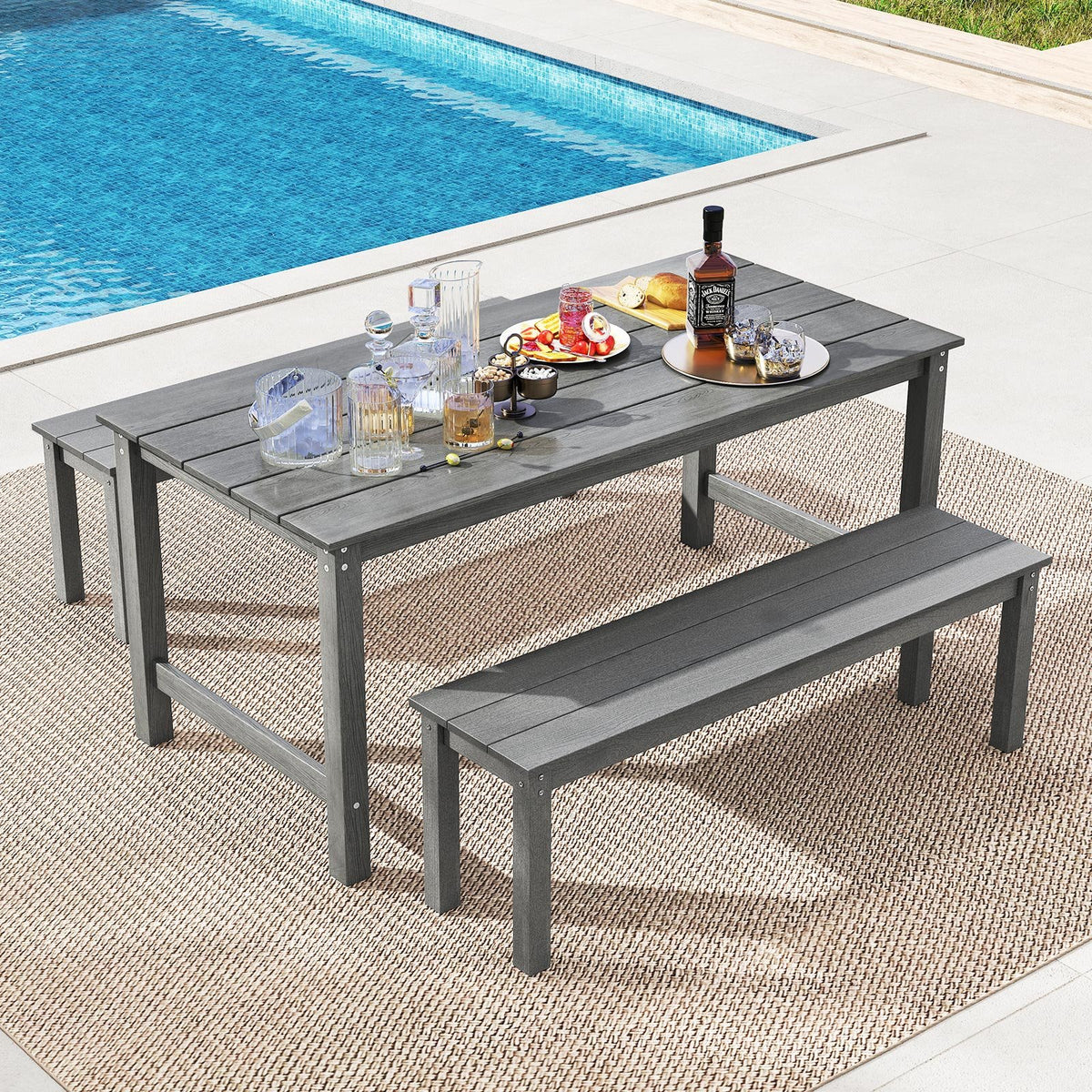 HDPE Outdoor Dining Table for 6 Person with Wood-Like Tabletop and Umbrella Hole-Gray view 7