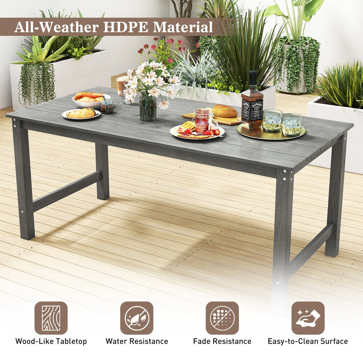 HDPE Outdoor Dining Table for 6 Person with Wood-Like Tabletop and Umbrella Hole-Gray view 8