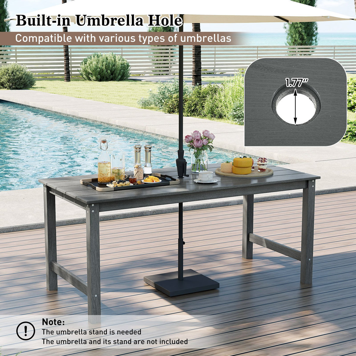 HDPE Outdoor Dining Table for 6 Person with Wood-Like Tabletop and Umbrella Hole-Gray view 9