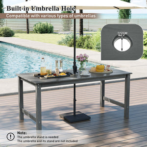 HDPE Outdoor Dining Table for 6 Person with Wood-Like Tabletop and Umbrella Hole-Gray view 9